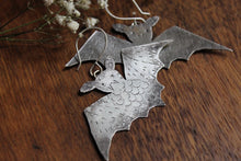 Load image into Gallery viewer, Rustic silver bat earrings