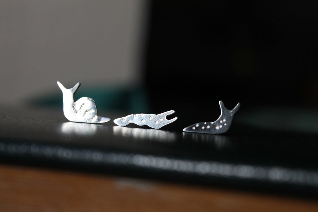 Adorable silver snail and slug stud earrings