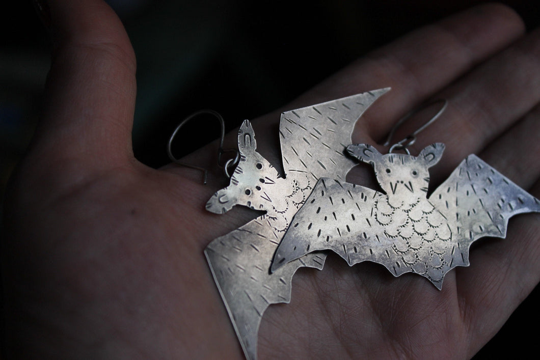 Rustic silver bat earrings