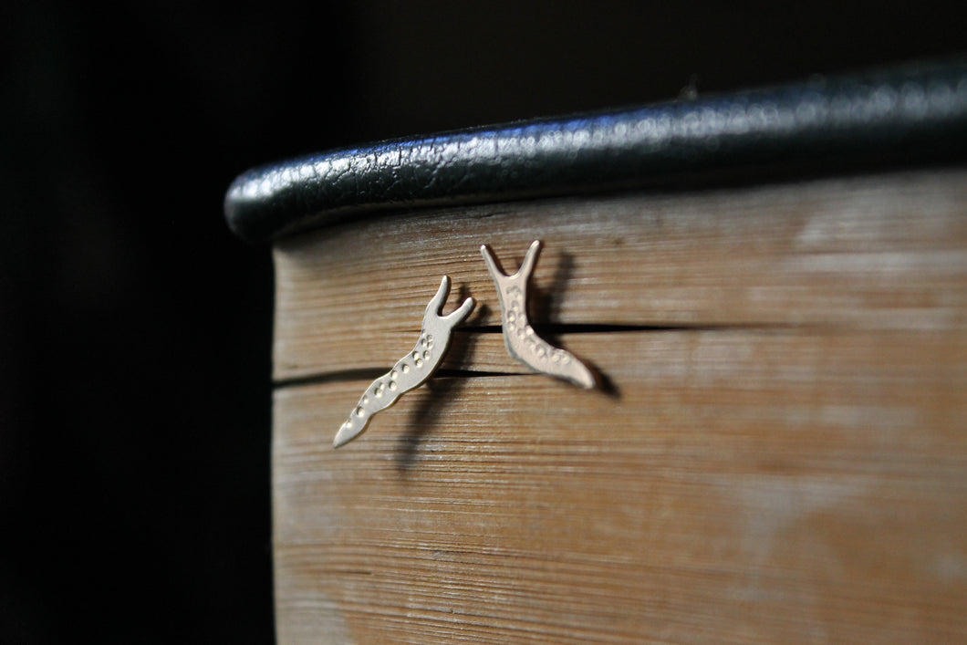 Gold slug earrings, 14k garden slug jewelry